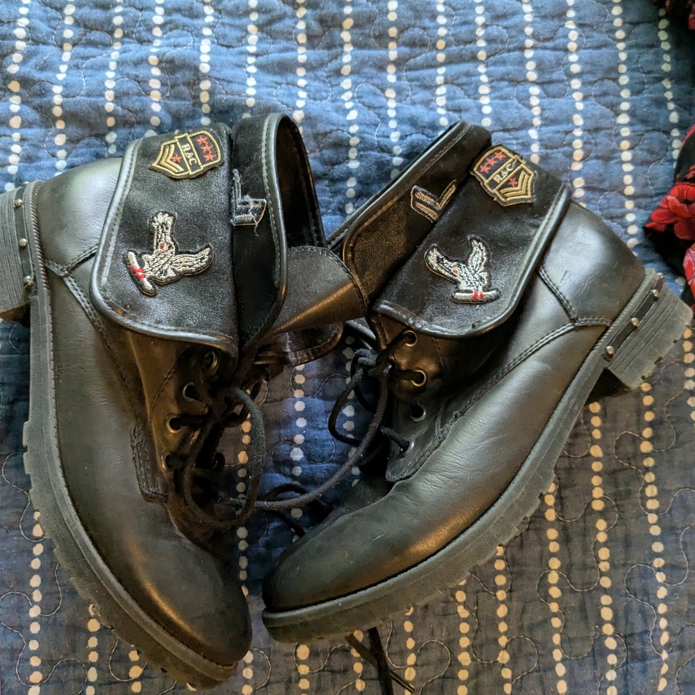Sugar & Candy Black Leather Boots with Embroidered Patches